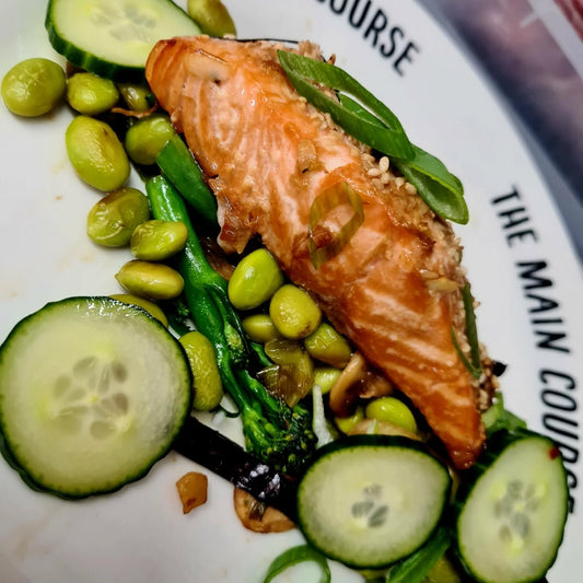 Honey Soy Glazed Salmon with Edamame, Tenderstem Broccoli & Pickled Cucumber