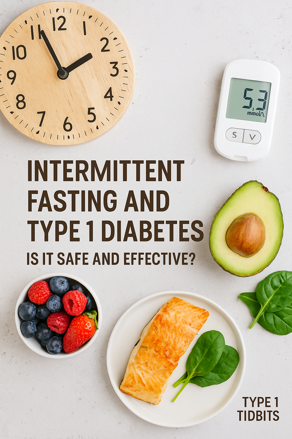 clock, a glucose meter, and healthy foods like berries and avocado — with a soft, clean background. The title text reads: “Intermittent Fasting and Type 1 Diabetes: Is It Safe and Effective?” in bold, modern font, with a health and wellness vibe.