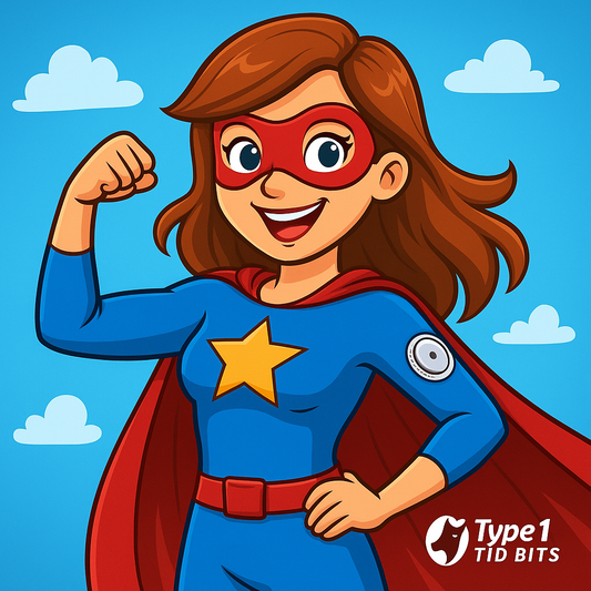 Cartoon of a smiling female superhero wearing a red mask, blue costume with a yellow star, and a CGM device on her arm, standing proudly under a blue sky with clouds.