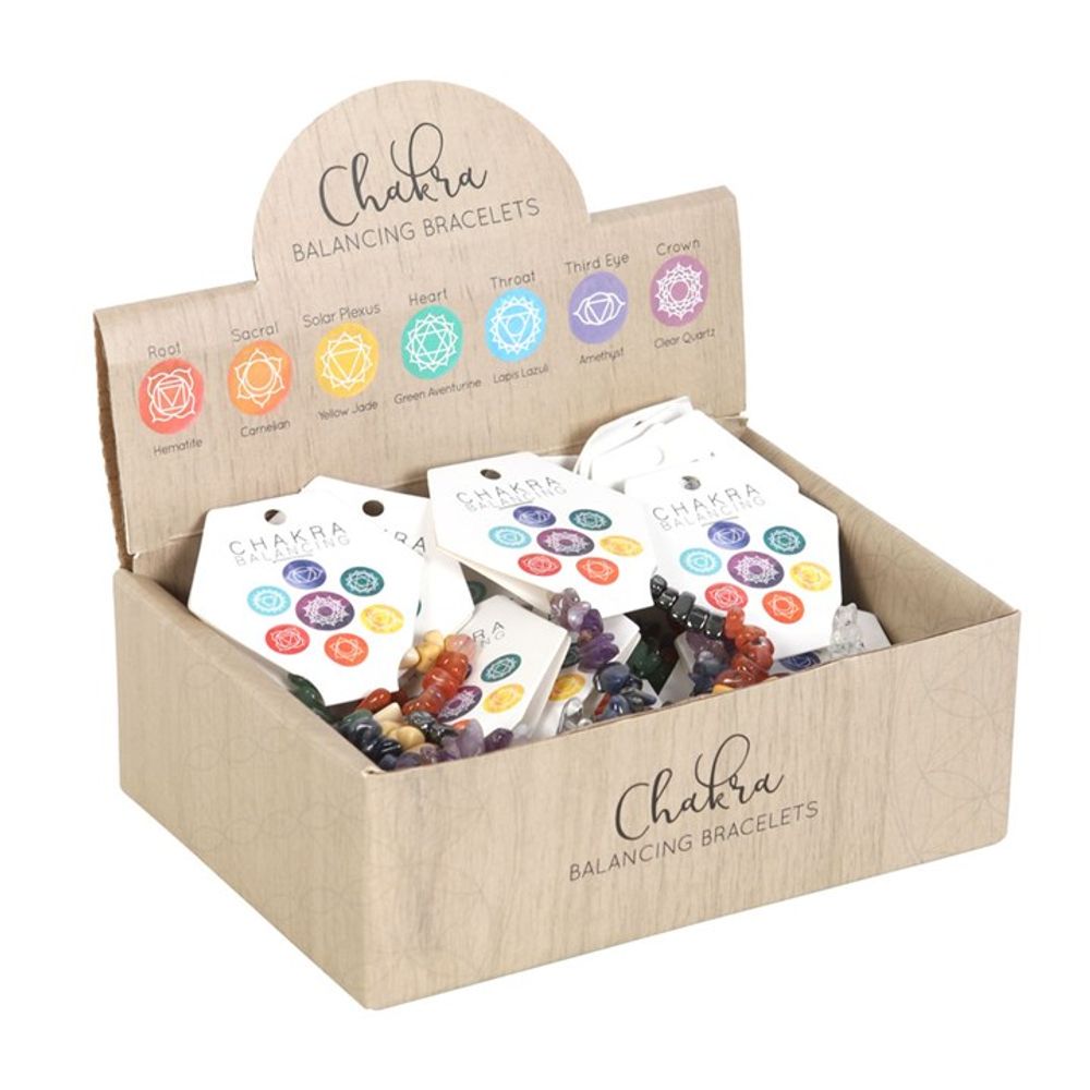 Set of 24 Chakra Crystal Chip Bracelets in Display Box